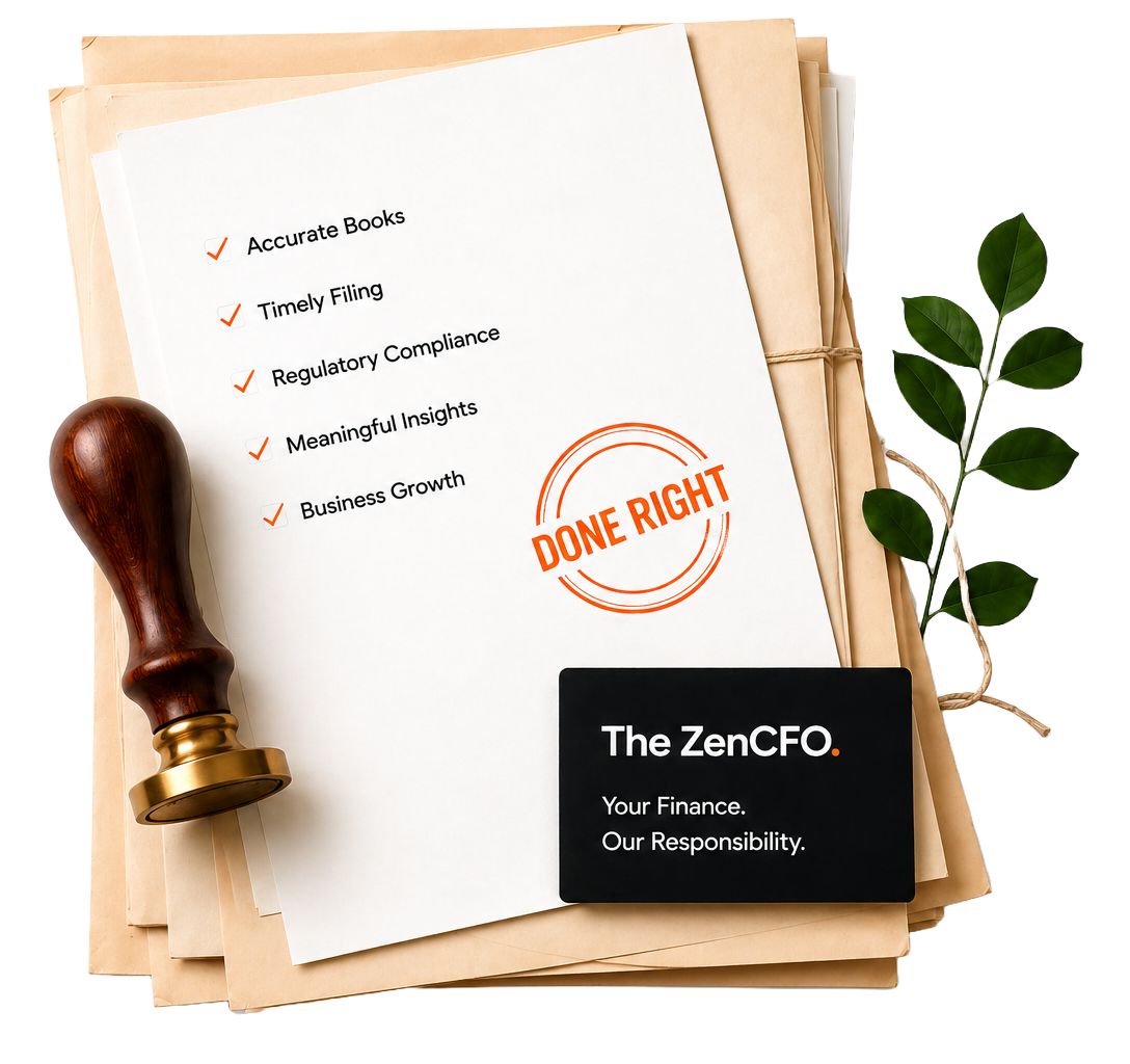 Traditional accounting done right by The ZenCFO — a checklist of Accurate Books, Timely Filing, Regulatory Compliance, Meaningful Insights and Business Growth, stamped 'Done Right'. Your finance, our responsibility.